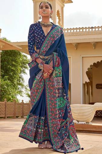 Navy blue paisley embroidered silk blend designer patola saree