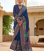Navy blue paisley embroidered silk blend designer patola saree