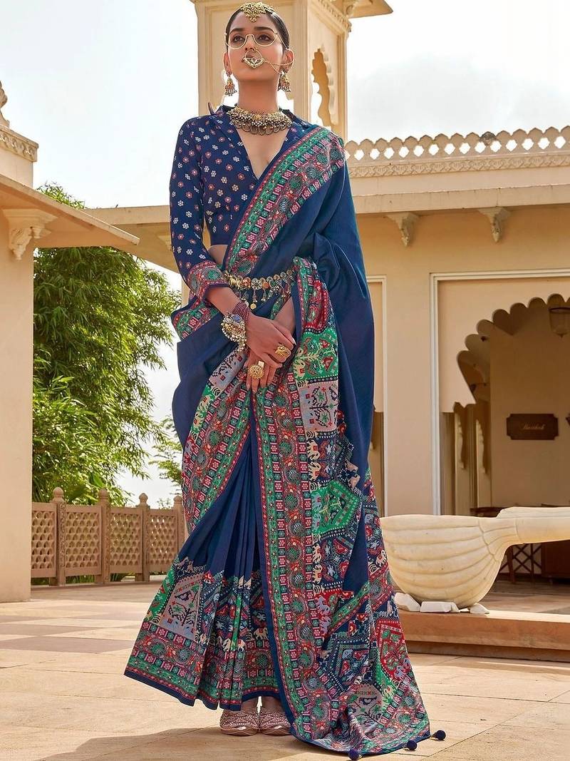 Navy blue paisley embroidered silk blend designer patola saree