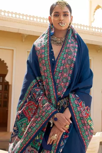 Navy blue paisley embroidered silk blend designer patola saree