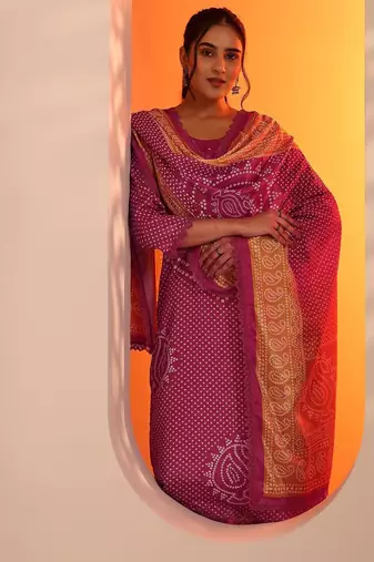 bandhani printed straight kurta with trousers and dupatta