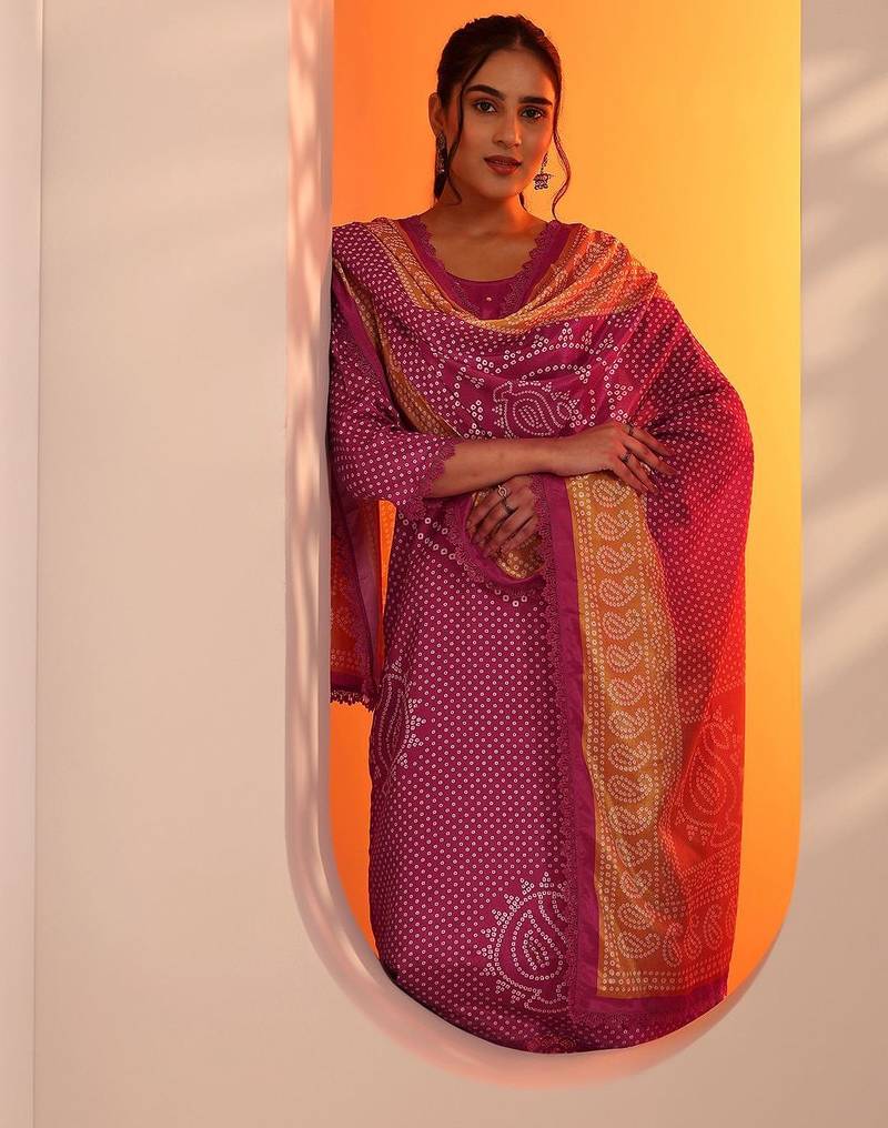 bandhani printed straight kurta with trousers and dupatta