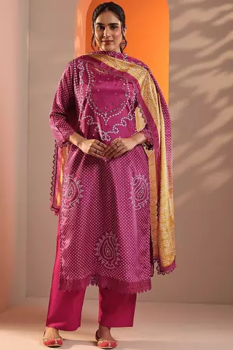 bandhani printed straight kurta with trousers and dupatta