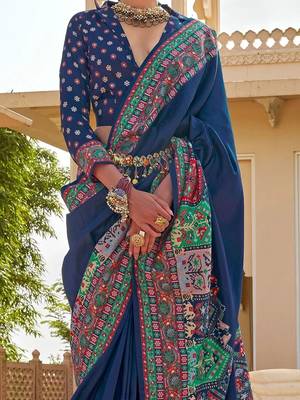 Navy blue paisley embroidered silk blend designer patola saree 3