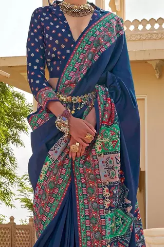 Navy blue paisley embroidered silk blend designer patola saree