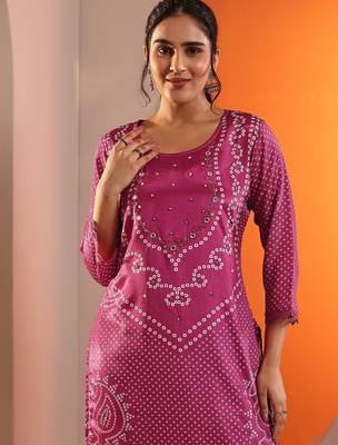 bandhani printed straight kurta with trousers and dupatta 3