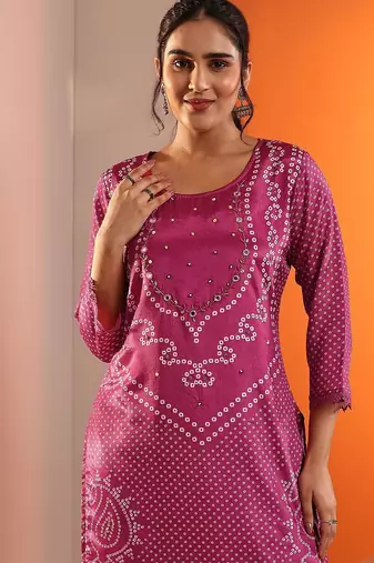 bandhani printed straight kurta with trousers and dupatta
