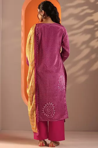 bandhani printed straight kurta with trousers and dupatta