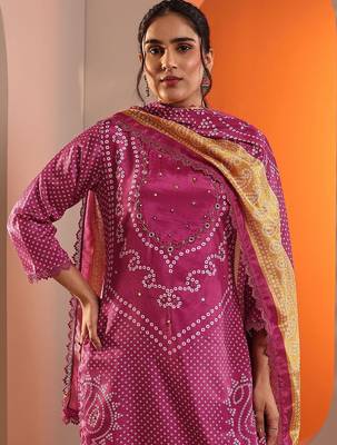 bandhani printed straight kurta with trousers and dupatta 6