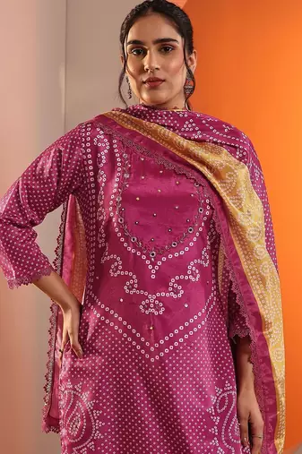 bandhani printed straight kurta with trousers and dupatta