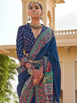 Navy blue paisley embroidered silk blend designer patola saree 4