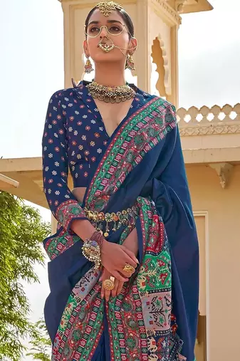 Navy blue paisley embroidered silk blend designer patola saree