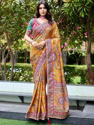 Mustard paisley embroidered designer saree 1