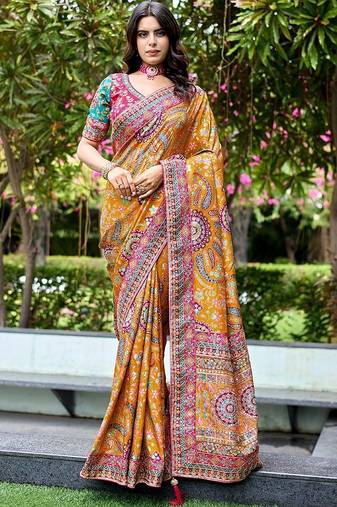 Mustard paisley embroidered designer saree