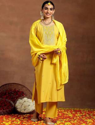 ethnic motifs embroidered sequinned straight kurta with trouser & dupatta 1
