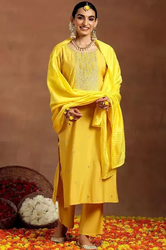 ethnic motifs embroidered sequinned straight kurta with trouser & dupatta