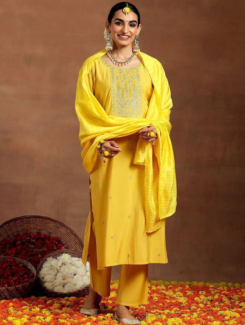 ethnic motifs embroidered sequinned straight kurta with trouser & dupatta