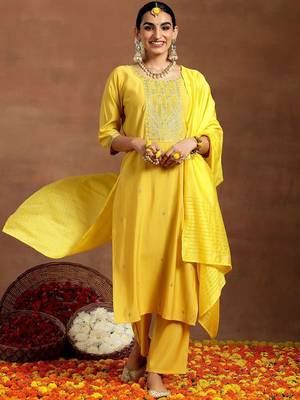 ethnic motifs embroidered sequinned straight kurta with trouser & dupatta 5