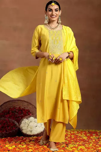 ethnic motifs embroidered sequinned straight kurta with trouser & dupatta