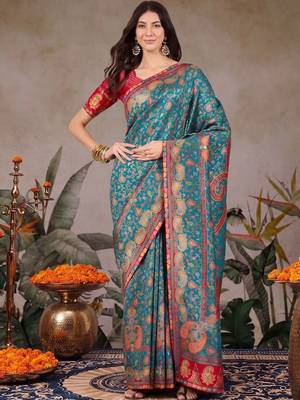 Teal ethnic motifs embroidered silk blend designer banarasi saree 1