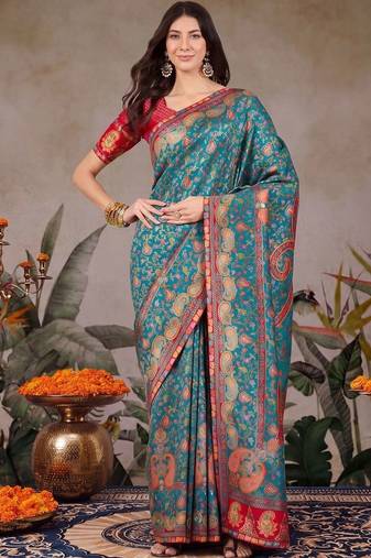 Teal ethnic motifs embroidered silk blend designer banarasi saree