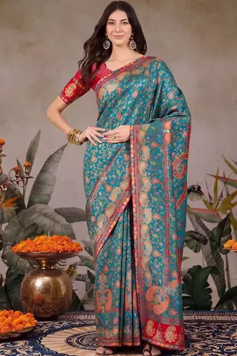 Teal ethnic motifs embroidered silk blend designer banarasi saree
