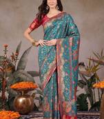 Teal ethnic motifs embroidered silk blend designer banarasi saree