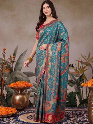 Teal ethnic motifs embroidered silk blend designer banarasi saree 2