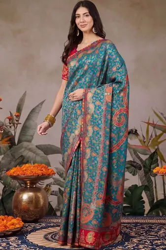 Teal ethnic motifs embroidered silk blend designer banarasi saree