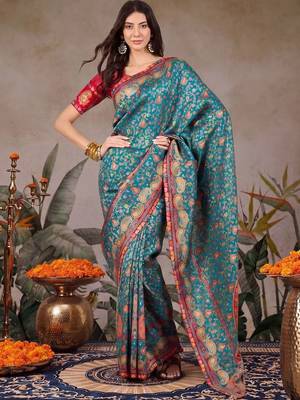 Teal ethnic motifs embroidered silk blend designer banarasi saree 3