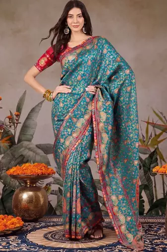 Teal ethnic motifs embroidered silk blend designer banarasi saree