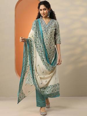 floral printed v-neck thread work straight kurta with trousers & dupatta 1