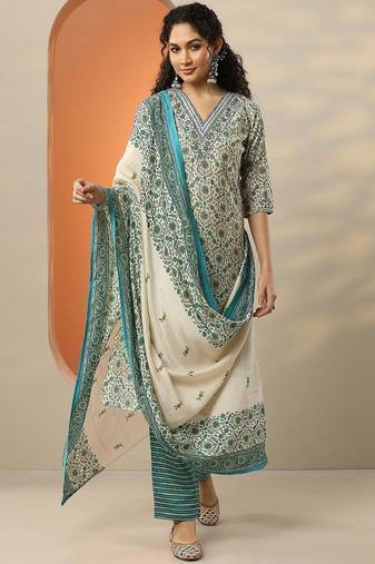 floral printed v-neck thread work straight kurta with trousers & dupatta