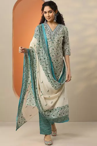 floral printed v-neck thread work straight kurta with trousers & dupatta