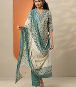 floral printed v-neck thread work straight kurta with trousers & dupatta