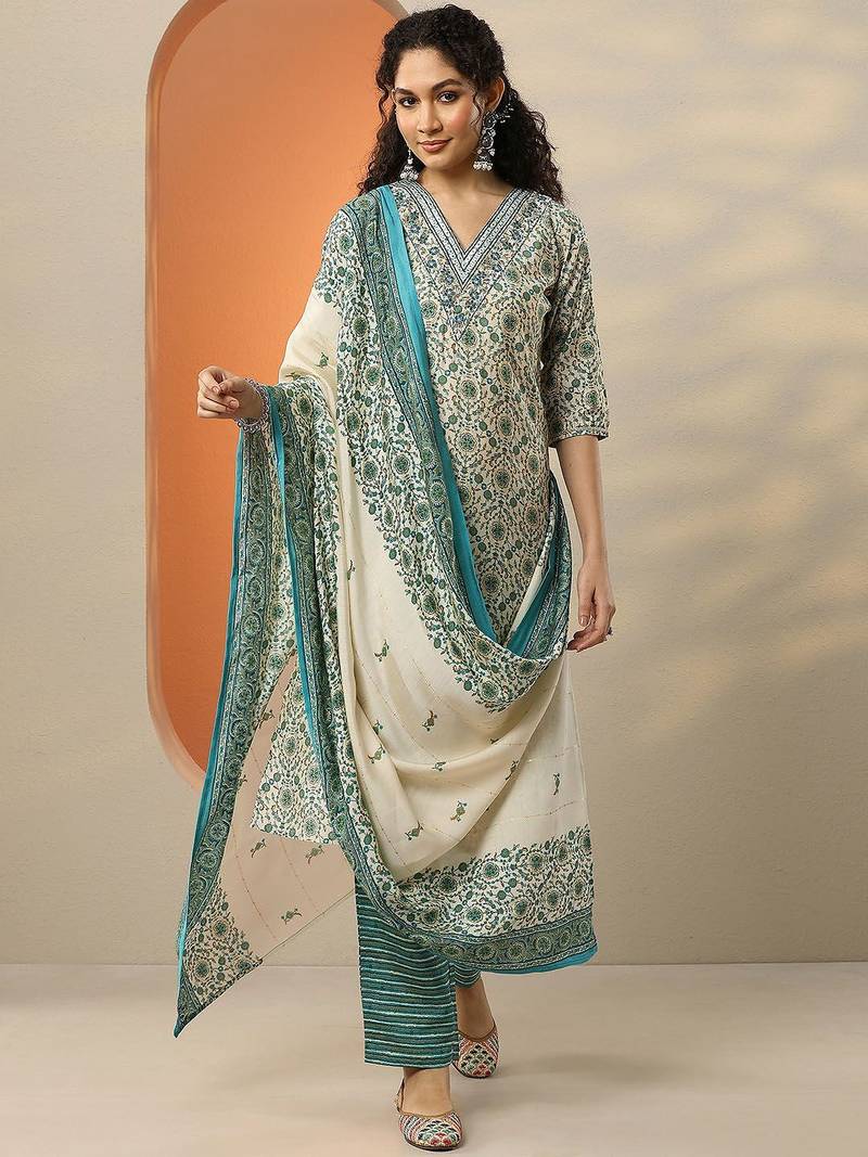 floral printed v-neck thread work straight kurta with trousers & dupatta