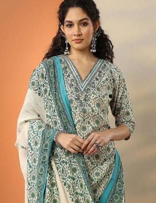 floral printed v-neck thread work straight kurta with trousers & dupatta 2