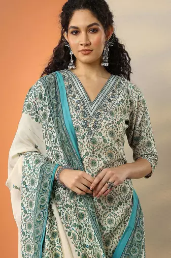 floral printed v-neck thread work straight kurta with trousers & dupatta