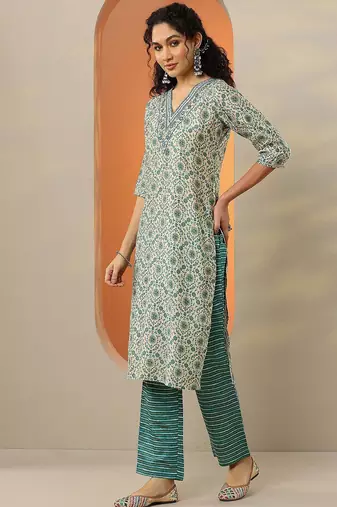 floral printed v-neck thread work straight kurta with trousers & dupatta