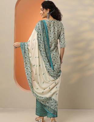floral printed v-neck thread work straight kurta with trousers & dupatta 4