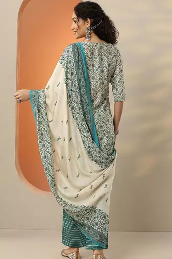 floral printed v-neck thread work straight kurta with trousers & dupatta