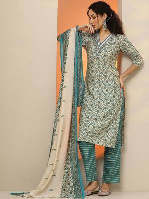floral printed v-neck thread work straight kurta with trousers & dupatta 5
