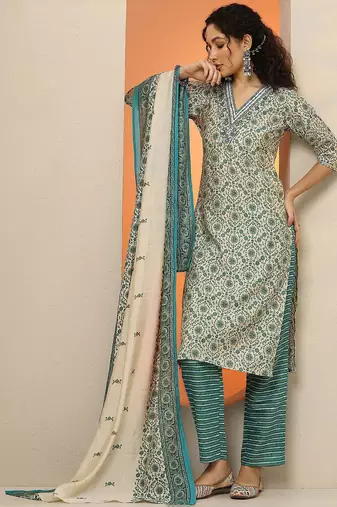 floral printed v-neck thread work straight kurta with trousers & dupatta