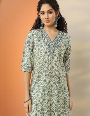 floral printed v-neck thread work straight kurta with trousers & dupatta 6
