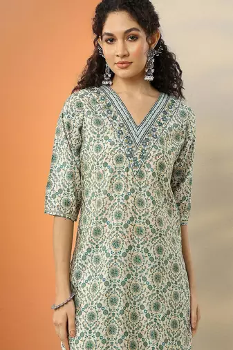floral printed v-neck thread work straight kurta with trousers & dupatta
