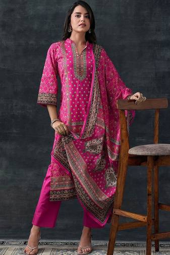 women ethnic motifs printed regular kurta with trousers & with dupatta