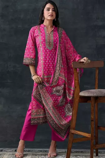 women ethnic motifs printed regular kurta with trousers & with dupatta