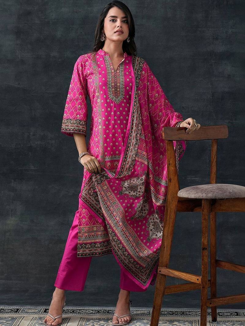 women ethnic motifs printed regular kurta with trousers & with dupatta