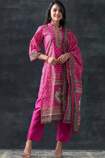women ethnic motifs printed regular kurta with trousers & with dupatta