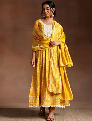 womens mustard printed anarkali kurta with churidar & dupatta 1